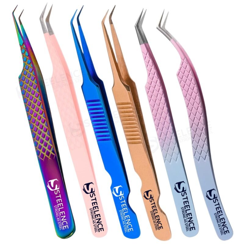 Custom steelence 45° angled eyelash tweezers in multi-color set for lash extensions wholesale Pakistan OEM