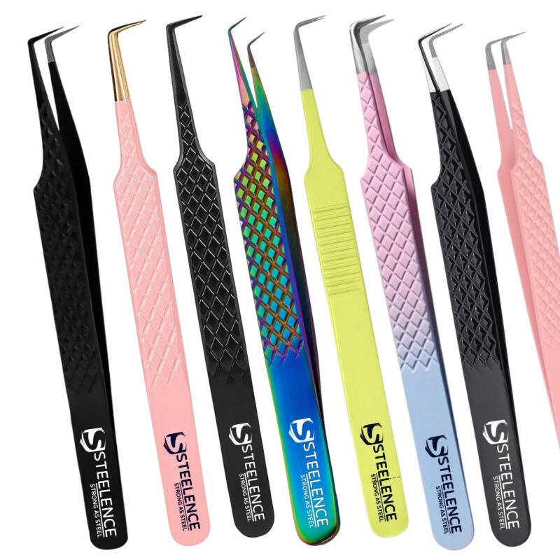Steelence 90 degree volume tweezers with fiber tip, perfect for fan creation and pro lash application with custom logo options.
