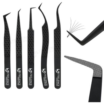 Black plasma fiber tip lash tweezers set including curve, 45 degree, 90 degree and L type tweezers