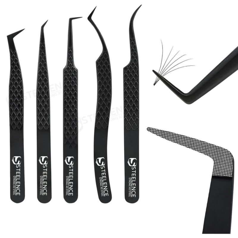 Black plasma fiber tip lash tweezers set including curve, 45 degree, 90 degree and L type tweezers