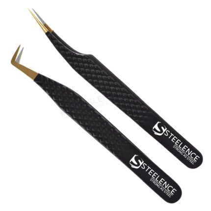 Custom black eyelash tweezers with gold point fiber tip in straight and curved designs for professional lash use