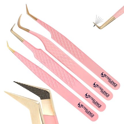 Pink fiber tip eyelash tweezers set with gold plasma point including 45 degree, curve and 90 degree tools