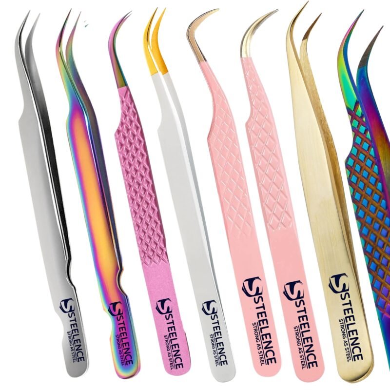 Steelence curved volume eyelash tweezers for fan making, available in custom logo, engraving, wholesale, and private label options.