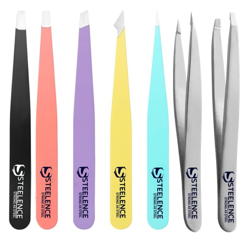 Steelence slanted and pointed eyebrow tweezers with custom logo options, ideal for grooming, salons, and wholesale buyers worldwide.