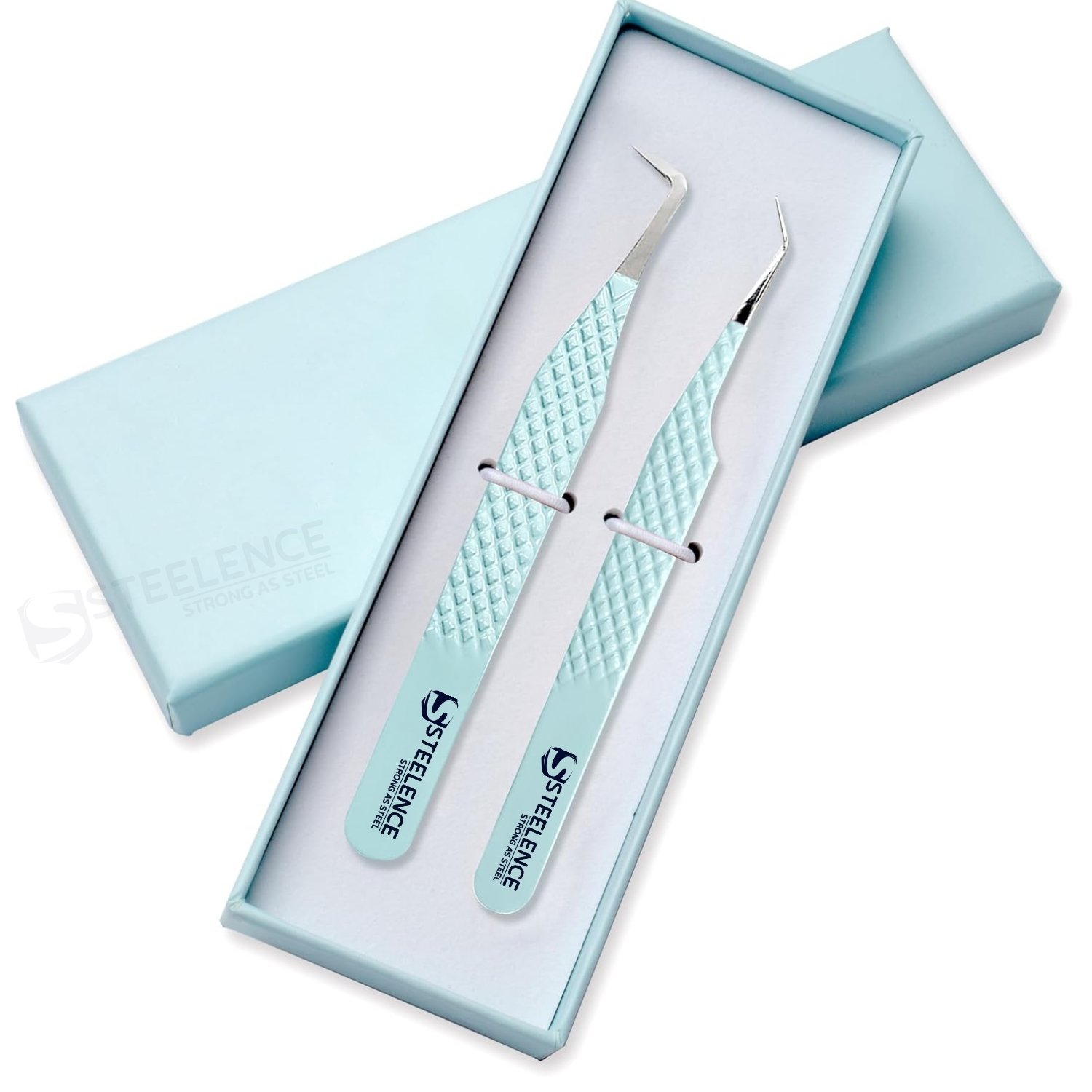 Steelence premium eyelash tweezers packaging with magnetic boxes and custom logo options for wholesale lash tool brands.