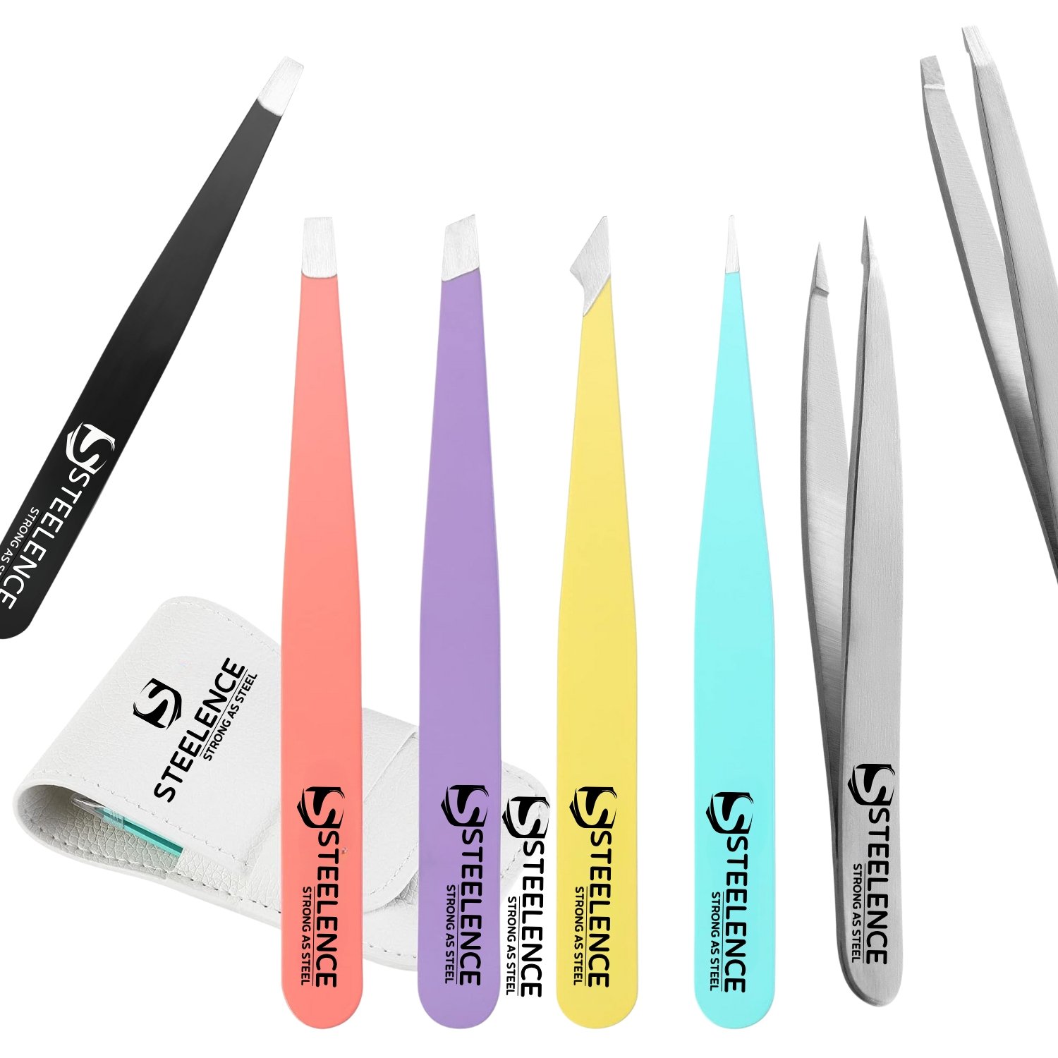 Steelence professional tweezers set for eyebrow, lash, and beauty use, crafted by a Sialkot manufacturer for global wholesale buyers