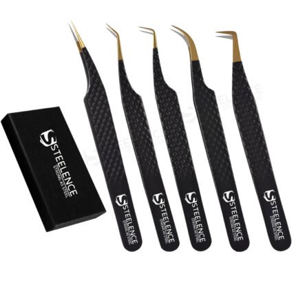 Black powder coated stainless steel lash tweezers with gold point fiber tips in straight, curve, 45 and 90 degree volume styles