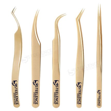 Plasma gold eyelash tweezers set made in Pakistan including straight, curve, isolation and L type volume tweezers