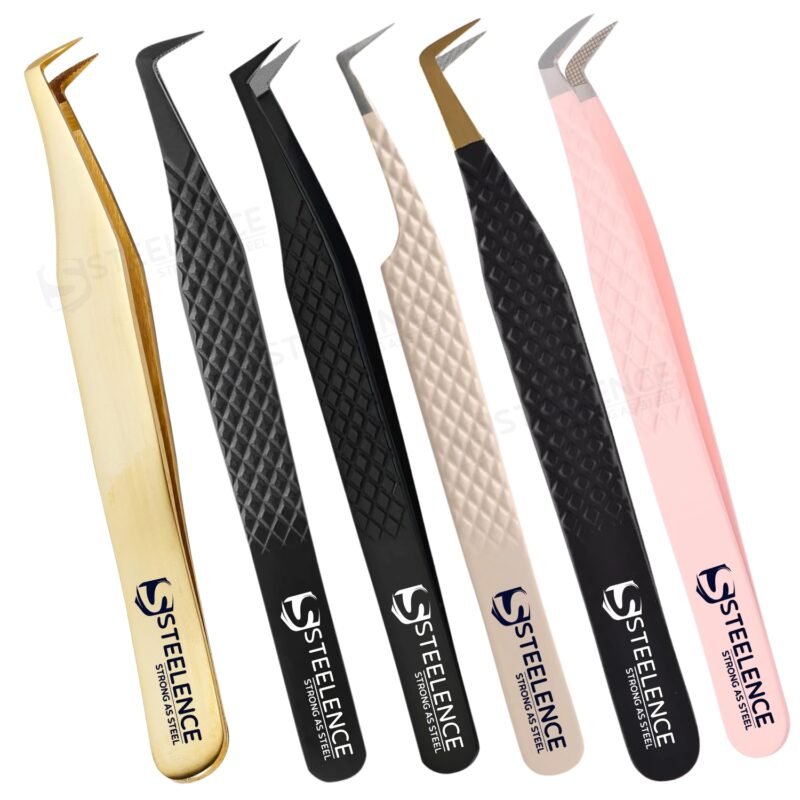 Steelence L-type boot volume tweezers designed for pro lash fan creation and precision grip, ideal for lash artists and global buyers.