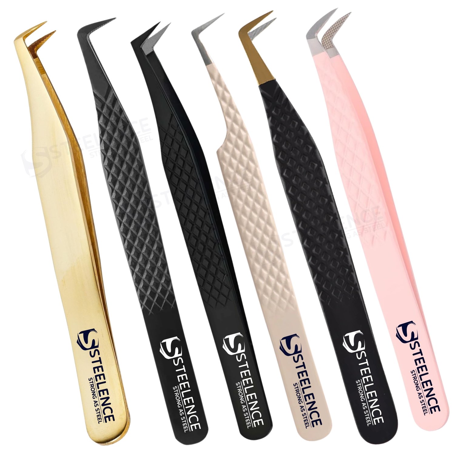 Steelence L-type boot volume tweezers designed for pro lash fan creation and precision grip, ideal for lash artists and global buyers.