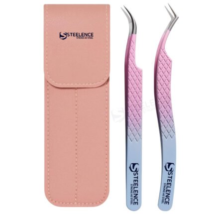Custom logo fiber tip tweezers with curved and L type volume tips packed in pink leather pouch