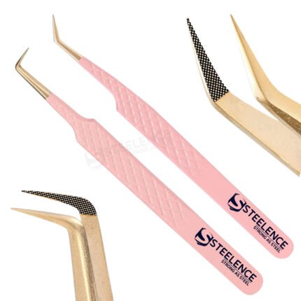 Pink plasma gold eyelash tweezers with fiber tip and precision gold point for volume lashes