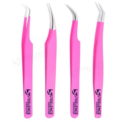 High quality pink eyelash tweezers set with 45 degree isolation, curved and straight tips for professional lash artists