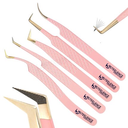 Pink fibre tip eyelash tweezers set with gold point including curve, L type, 45 degree and 90 degree styles