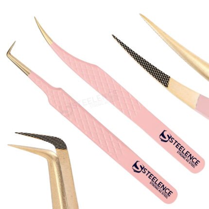 Pink straight and 90 degree customized tweezers with gold fiber tip made by manufacturers in Pakistan
