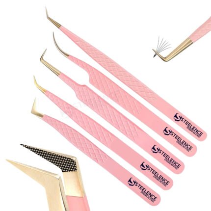 Pink fiber tip eyelash tweezers set with gold plasma points in 45 degree and 90 degree curved styles