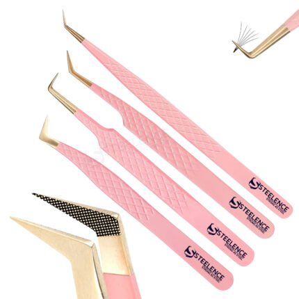 90 degree angle lash tweezers with fiber tip plasma gold point in pink color for volume lashes