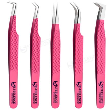 Pink professional eyelash extension tweezers set including volume, isolation, fiber tip lash tweezers