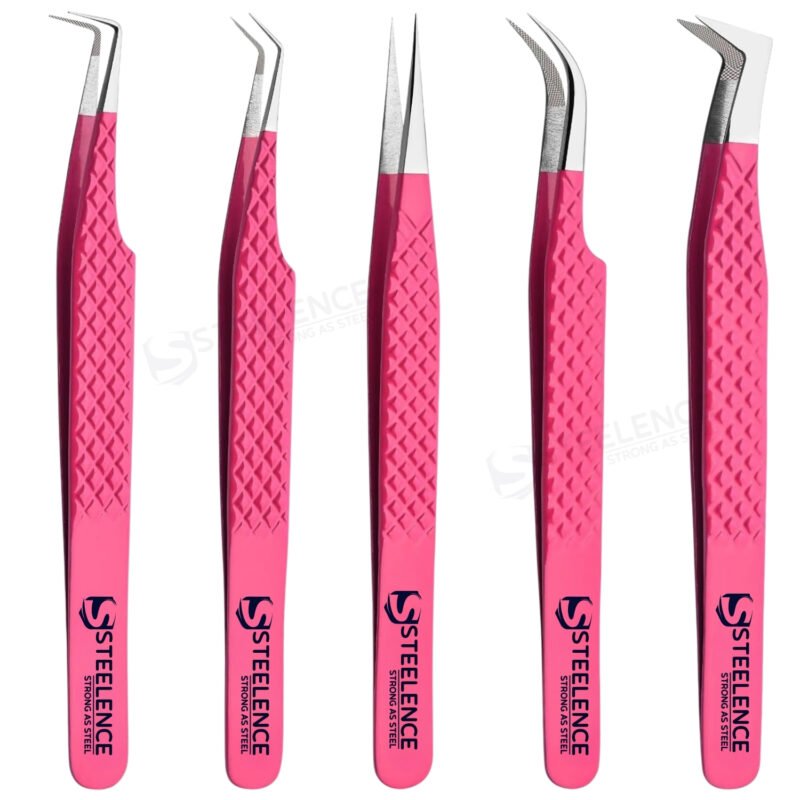 Pink professional eyelash extension tweezers set including volume, isolation, fiber tip lash tweezers