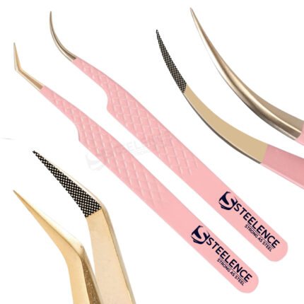 Pink curved lash tweezers with fiber tip and plasma gold point, 45 degree angle design