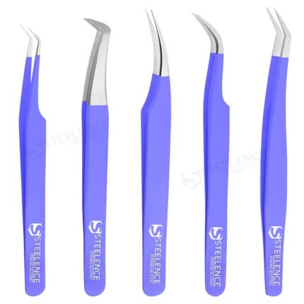 Purple eyelash extension tweezers set with L type, curve, straight and 45 degree tips for professional use manufacturer OEM , private label