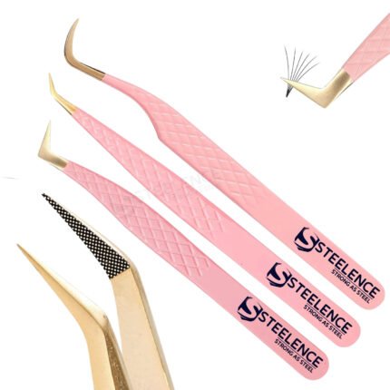 Pink fiber tip lash tweezers with gold point including curve, 45 degree and L type volume tools
