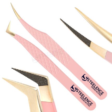 Pink fiber tip tweezers set with gold point, L type and straight lash tweezers from manufacturing factory