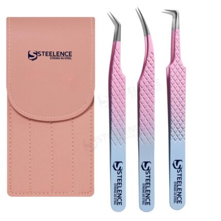 Custom made eyelash tweezers with logo design, double tone color tools with pink pouch from Pakistan supplier