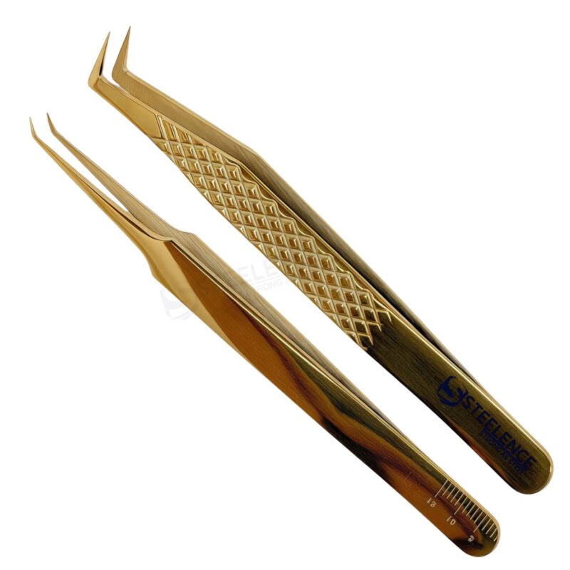Gold stainless steel eyelash extension tweezers by Steelence with precision tips for lash artists