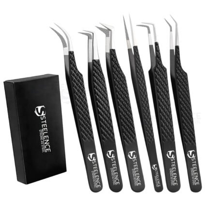 Black stainless steel eyelash tweezers set with curved and pointed precision tips designed for professional lash extensions
