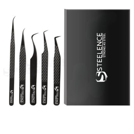 Black plasma eyelash tweezers volume set with diamond grip and fiber tip in box packaging