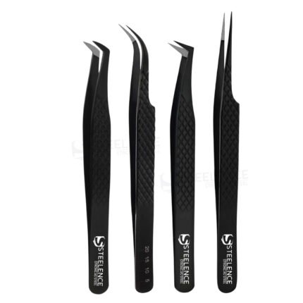 Black plasma eyelash tweezers with straight and curve tips, diamond grip and fiber tip