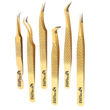 Diamond grip plasma gold eyelash tweezers set with fiber tip including straight, L type, 45 degree and isolation designs