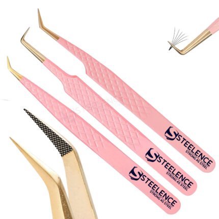 Personalised pink eyelash tweezers with gold fiber tip, 45 and 90 degree angles, custom packaging box for wholesale suppliers