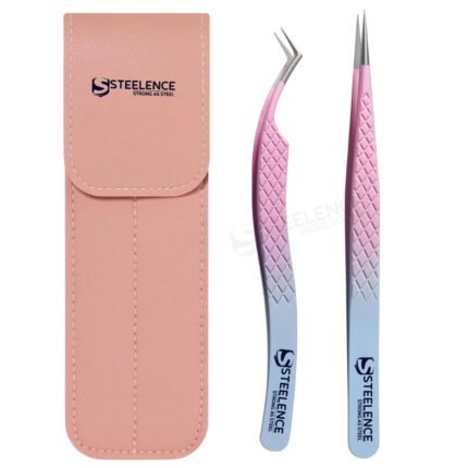 Custom eyelash tweezers with logo, pink leather pouch, L type and straight tweezers from Pakistan