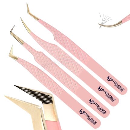 Pink eyelash maker tweezers set with 45 degree, 90 degree, straight and L type fiber tip gold points