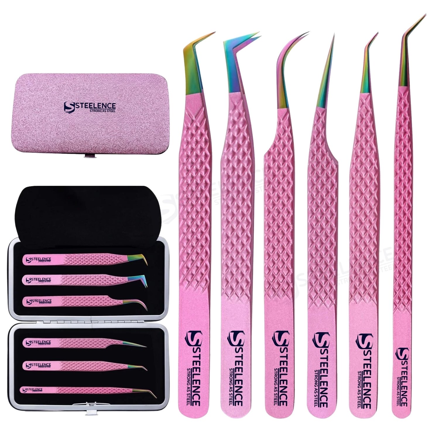 Pink custom eyelash extension tweezers set manufactured by Steelence Sialkot with precision rainbow tips and textured grip for professional lash work.