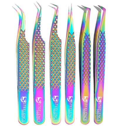 Rainbow stainless steel professional eyelash extension tweezers set with diamond grip handles for volume and isolation lashes