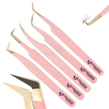 Wholesale eyelash tweezers bulk 5 pcs set with gold point fiber tips in pink color for volume and isolation lashes