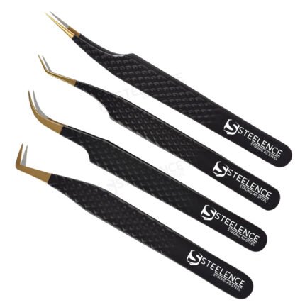 Black and gold lash tweezers wholesale with fiber tip for volume, straight, curved and L type eyelash application