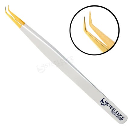 45 degree angled lash extension tweezers with point gold tip and white powder coated handle for private label manufacturing