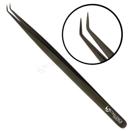 High quality black 45 degree precision tweezers with slim handle, fiber tip and professional manufacturing finish