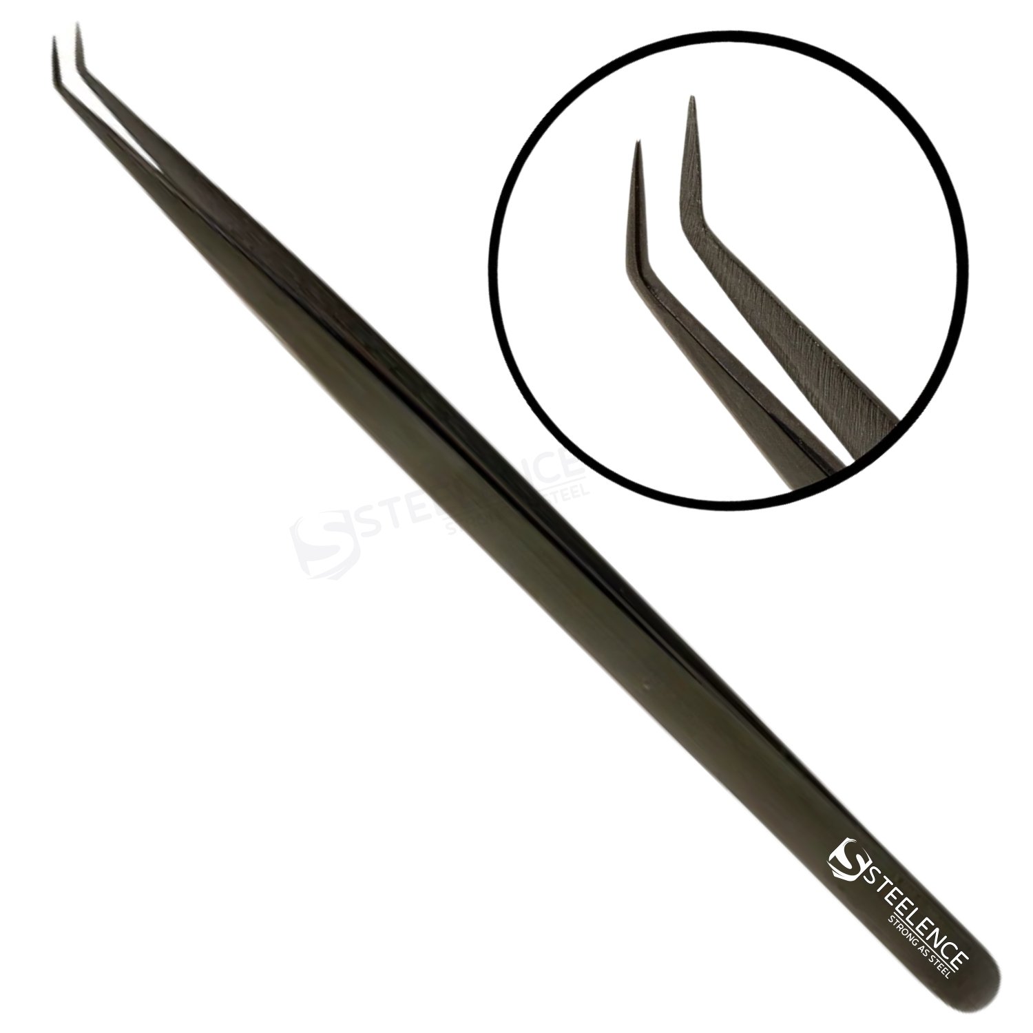 45-degree-black-precision-tweezer High quality black 45 degree precision tweezers with slim handle, fiber tip and professional manufacturing finish