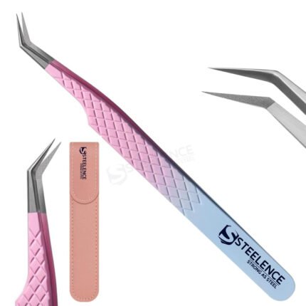 45 degree pink fiber tip tweezers with diamond grip handle and pink leather pouch for bulk buy and wholesale orders