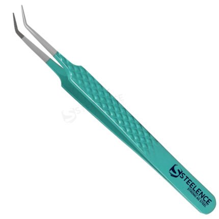 45 degree green eyelash tweezers bulk buy with fiber tip and diamond grip handle for lash extension use