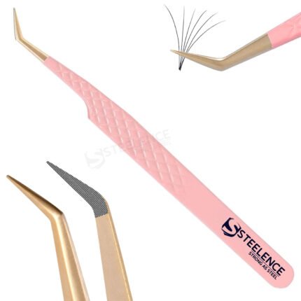 45 degree eyelash tweezers supplier with pink handle, gold pointed fiber tip and diamond grip for lash extensions
