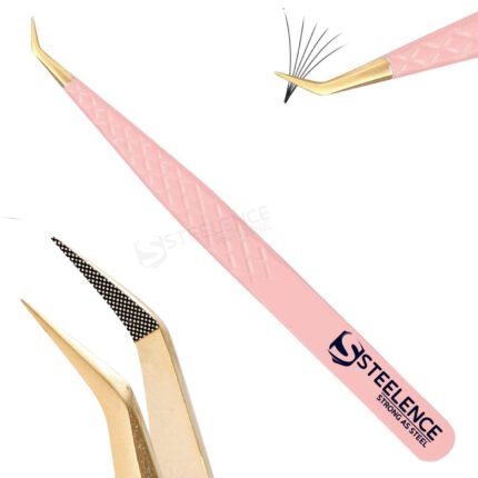 45 degree lash tweezers supplier offering pink diamond grip handle with gold pointed fiber tip for eyelash extensions