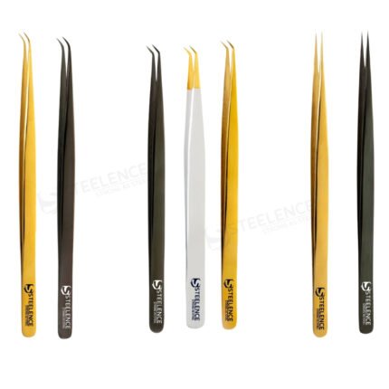 Private label 45 degree tweezers set manufacturing factory with plasma gold, white and black finish