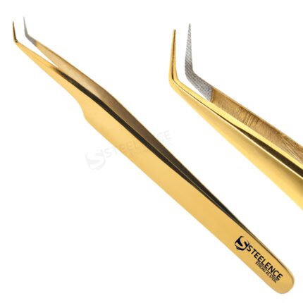 Gold eyelash tweezers with custom logo featuring 45 degree fiber tip design and gold plasma finish for lash extensions