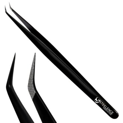 Private label eyelash tweezers custom logo in black plasma 45 degree fiber tip design